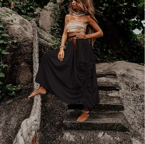 Európai és amerikai női lezser szoknya 2024 új stílusú húzózsinóros, nagy zsebes, bohém, laza, organikus pamut hosszú ruha