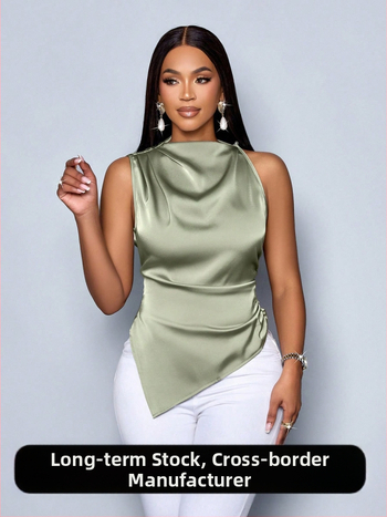Európai és amerikai külkereskedelmi női nyári szatén ing, női aszimmetrikus szatén ing, női top design, Sense Niche