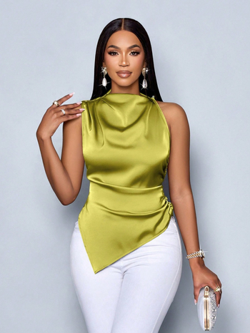 Európai és amerikai külkereskedelmi női nyári szatén ing, női aszimmetrikus szatén ing, női top design, Sense Niche