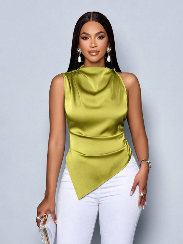 Európai és amerikai külkereskedelmi női nyári szatén ing, női aszimmetrikus szatén ing, női top design, Sense Niche