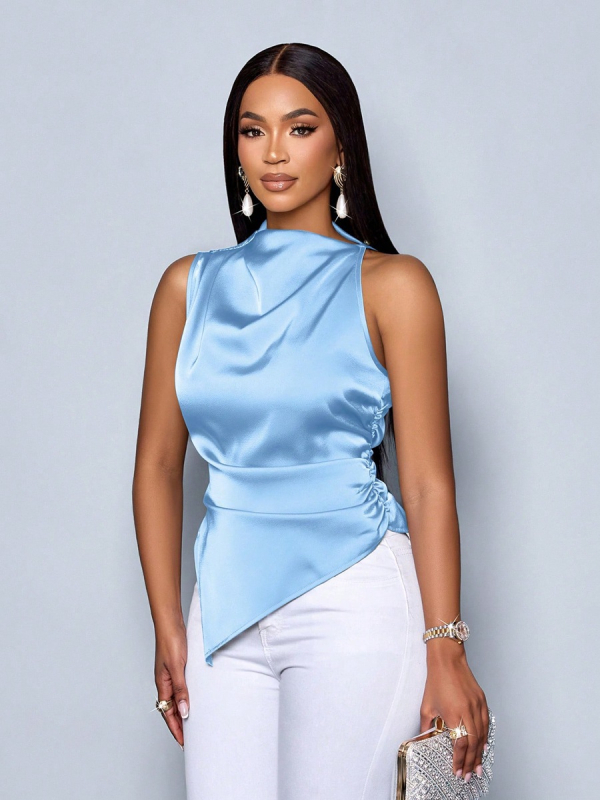 Európai és amerikai külkereskedelmi női nyári szatén ing, női aszimmetrikus szatén ing, női top design, Sense Niche