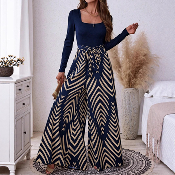 Európai és amerikai export független állomás Amazon határokon átnyúló női elegáns, tiszta színű, illesztéses, nyomtatott, hosszú ujjú, széles szárú overall