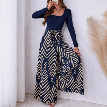 Ευρωπαϊκή και Αμερικανική Ανεξάρτητη Εξαγωγική Σταθμός Amazon Cross-Border Γυναικεία Κομψή Φόρμα με Μακρυμάνικο Στάμπα και Φαρδιά Πόδια, Καθαρό Χρώμα και Συγκόλληση