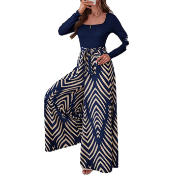 Ευρωπαϊκή και Αμερικανική Ανεξάρτητη Εξαγωγική Σταθμός Amazon Cross-Border Γυναικεία Κομψή Φόρμα με Μακρυμάνικο Στάμπα και Φαρδιά Πόδια, Καθαρό Χρώμα και Συγκόλληση