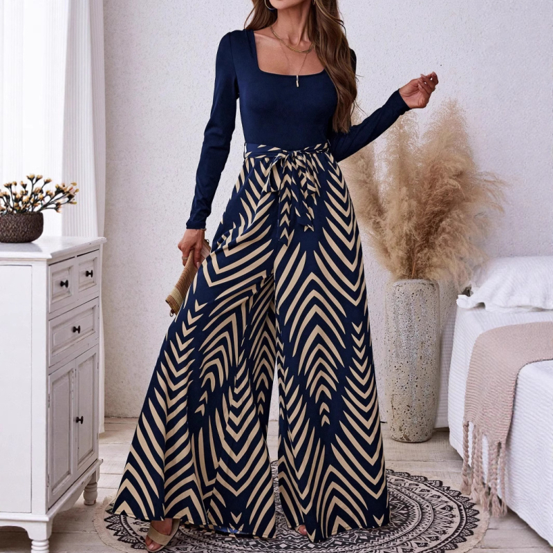 Európai és amerikai export független állomás Amazon határokon átnyúló női elegáns, tiszta színű, illesztéses, nyomtatott, hosszú ujjú, széles szárú overall