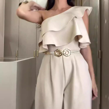 Παντελόνι με βολάν και βερνίκι στους ώμους, στενή εφαρμογή - χωρίς ζώνη