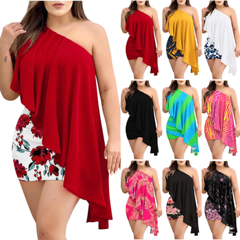 2022-es Amazon AliExpress forró akciós női szexi egyvállas, szabálytalan fodros kendős csípőruha