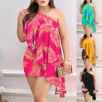 2022-es Amazon AliExpress forró akciós női szexi egyvállas, szabálytalan fodros kendős csípőruha