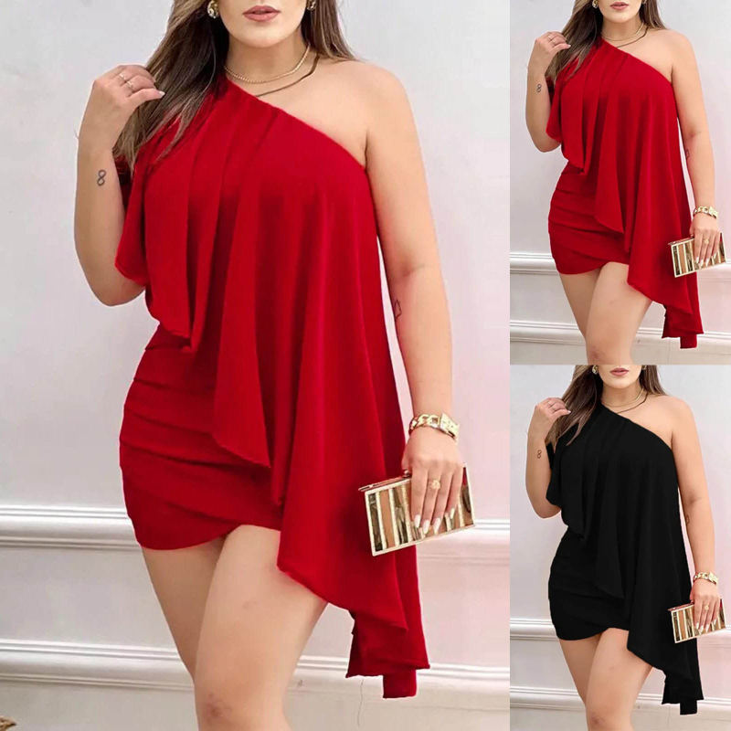 2022-es Amazon AliExpress forró akciós női szexi egyvállas, szabálytalan fodros kendős csípőruha