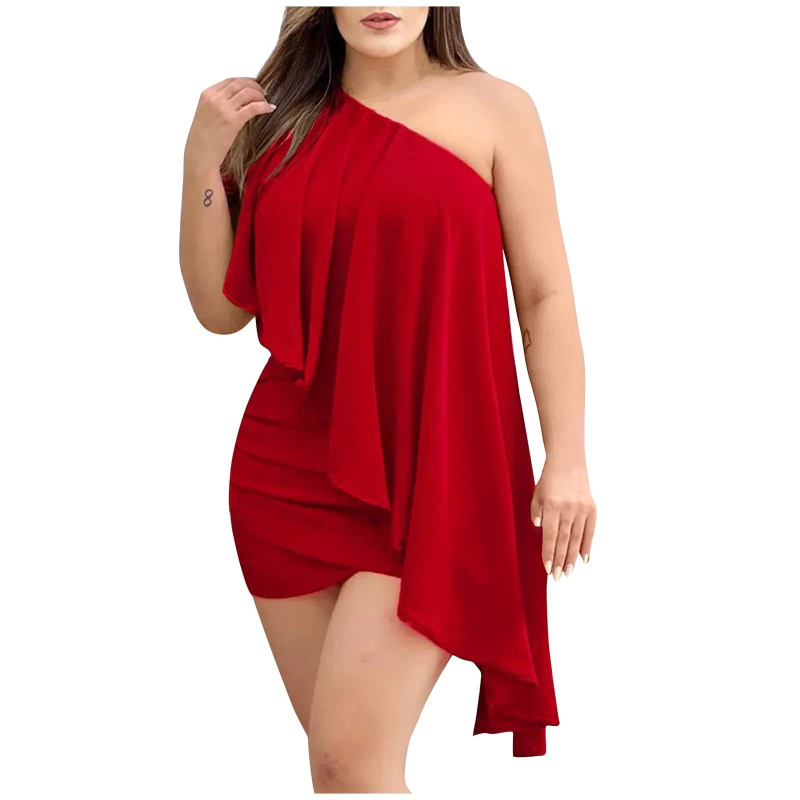 2022-es Amazon AliExpress forró akciós női szexi egyvállas, szabálytalan fodros kendős csípőruha