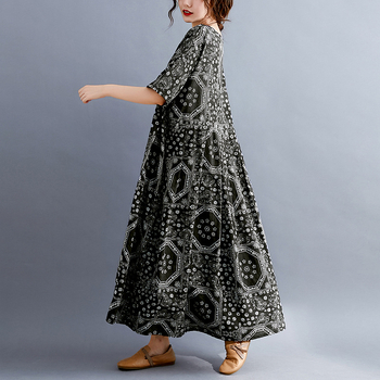 Haljina za žene većih veličina u etničkom stilu, proljeće i jesen, široka, retro printana, koja prekriva trbuh, preko koljena, cvjetni ležerna suknja srednje duljine