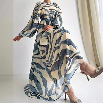 M2680 Amazon Közel-Kelet Amazon Új Sifon Mintás Hosszú Divatos és Elegáns Ruha Övvel