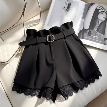 2025 Őszi Fesztivál Trendi Magas Derekú Karcsúsító Sokoldalú Laza Korcsökkentő Csipke Dizájn Stílusos Körte Formájú Fekete Rövidnadrág