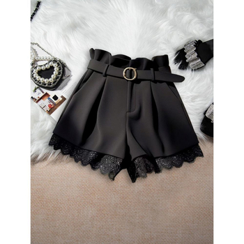 2025 Őszi Fesztivál Trendi Magas Derekú Karcsúsító Sokoldalú Laza Korcsökkentő Csipke Dizájn Stílusos Körte Formájú Fekete Rövidnadrág