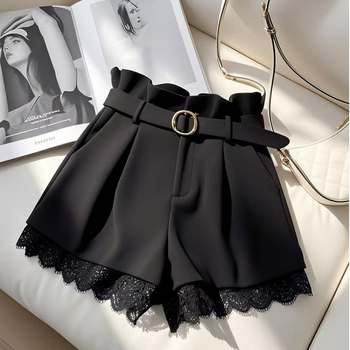 2025 Őszi Fesztivál Trendi Magas Derekú Karcsúsító Sokoldalú Laza Korcsökkentő Csipke Dizájn Stílusos Körte Formájú Fekete Rövidnadrág