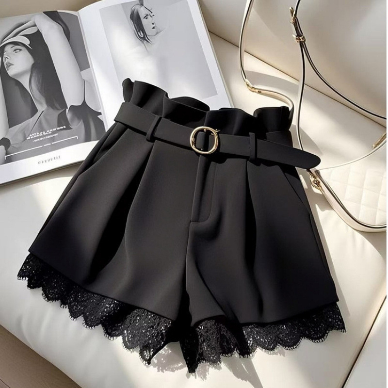 2025 Őszi Fesztivál Trendi Magas Derekú Karcsúsító Sokoldalú Laza Korcsökkentő Csipke Dizájn Stílusos Körte Formájú Fekete Rövidnadrág