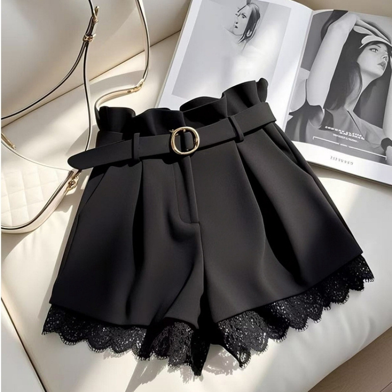 2025 Őszi Fesztivál Trendi Magas Derekú Karcsúsító Sokoldalú Laza Korcsökkentő Csipke Dizájn Stílusos Körte Formájú Fekete Rövidnadrág