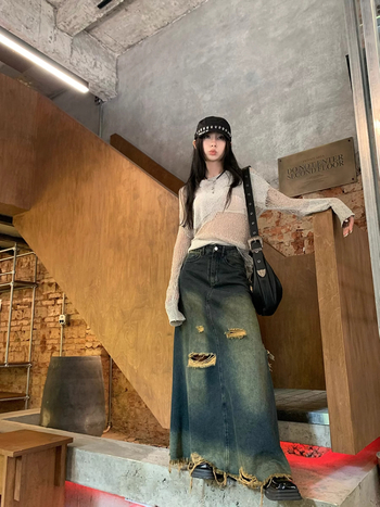 Ρετρό αμερικανική φούστα τζιν για γυναίκες το φθινόπωρο, νοσταλγικές σκισμένες ακατέργαστες άκρες, νέο σχέδιο, μακριά φούστα με ψηλή μέση σε γραμμή Α