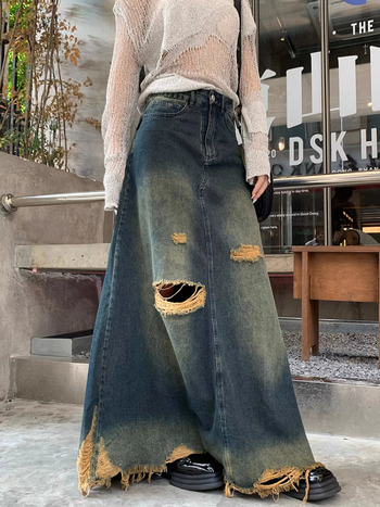 Ρετρό αμερικανική φούστα τζιν για γυναίκες το φθινόπωρο, νοσταλγικές σκισμένες ακατέργαστες άκρες, νέο σχέδιο, μακριά φούστα με ψηλή μέση σε γραμμή Α