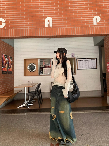 Ρετρό αμερικανική φούστα τζιν για γυναίκες το φθινόπωρο, νοσταλγικές σκισμένες ακατέργαστες άκρες, νέο σχέδιο, μακριά φούστα με ψηλή μέση σε γραμμή Α