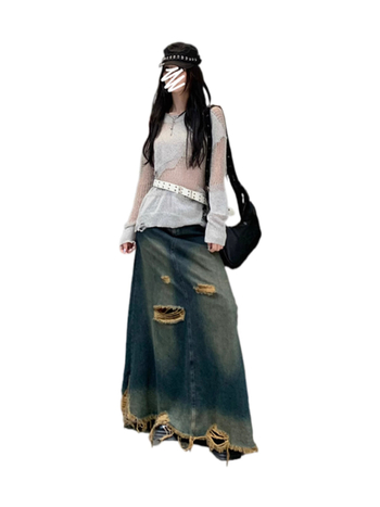 Ρετρό αμερικανική φούστα τζιν για γυναίκες το φθινόπωρο, νοσταλγικές σκισμένες ακατέργαστες άκρες, νέο σχέδιο, μακριά φούστα με ψηλή μέση σε γραμμή Α