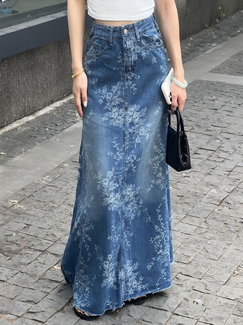 Κορεάτικη ρετρό ψηλόμεση λεπτή φούστα τζιν ζακάρ για γυναίκες, καλοκαιρινή νέα σχεδίαση, μακριά φούστα σε γραμμή Α