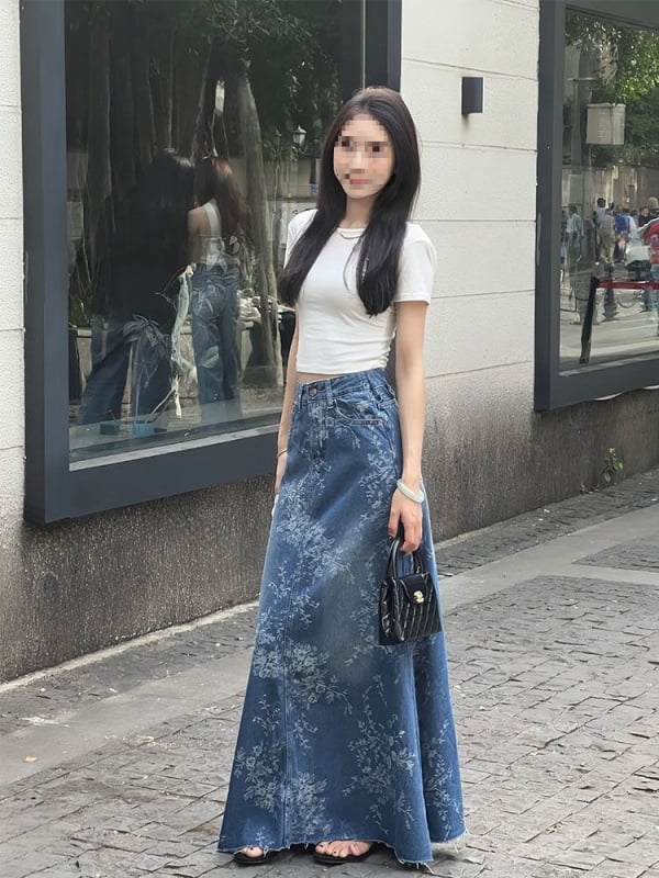 Fustă lungă coreeană retro cu talie înaltă, jacquard, subțire, pentru femei, de vară, design nou, de nișă, linie A