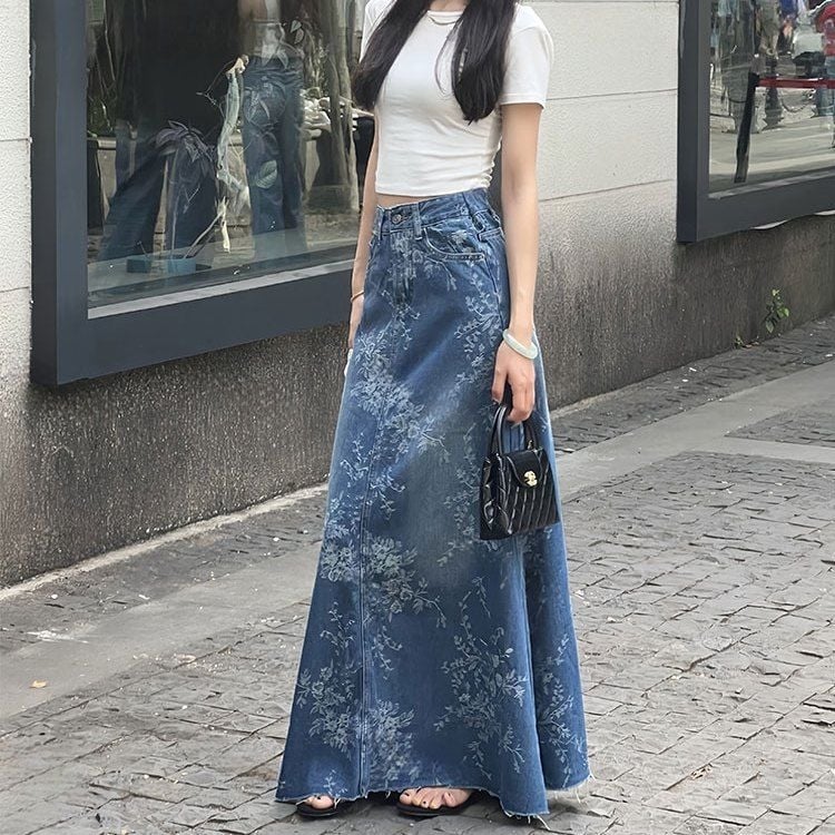 Fustă lungă coreeană retro cu talie înaltă, jacquard, subțire, pentru femei, de vară, design nou, de nișă, linie A