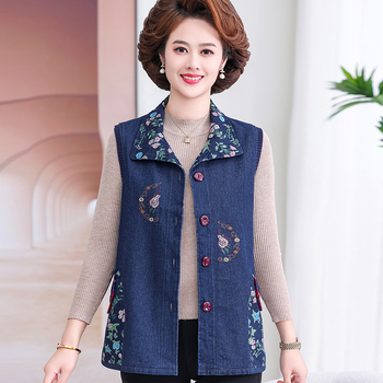 2024. aasta kevad- ja sügiskollektsiooni uus keskealiste ja eakate naiste revääriga teksariidest tikandiga vest