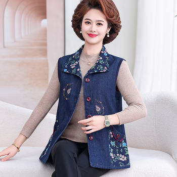 2024. aasta kevad- ja sügiskollektsiooni uus keskealiste ja eakate naiste revääriga teksariidest tikandiga vest