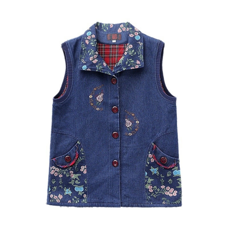 2024. aasta kevad- ja sügiskollektsiooni uus keskealiste ja eakate naiste revääriga teksariidest tikandiga vest