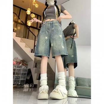 K6F Amerikai Retro Csillagmintás Laza, Karcsúsító, Magas Derekú, Egyenes Szájú, Stílusos Fazonú, Öt Pontos, Kisméretű Farmer Rövidnadrág