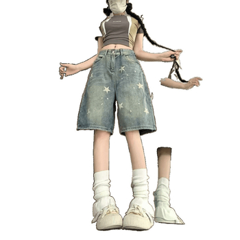K6F Amerikai Retro Csillagmintás Laza, Karcsúsító, Magas Derekú, Egyenes Szájú, Stílusos Fazonú, Öt Pontos, Kisméretű Farmer Rövidnadrág