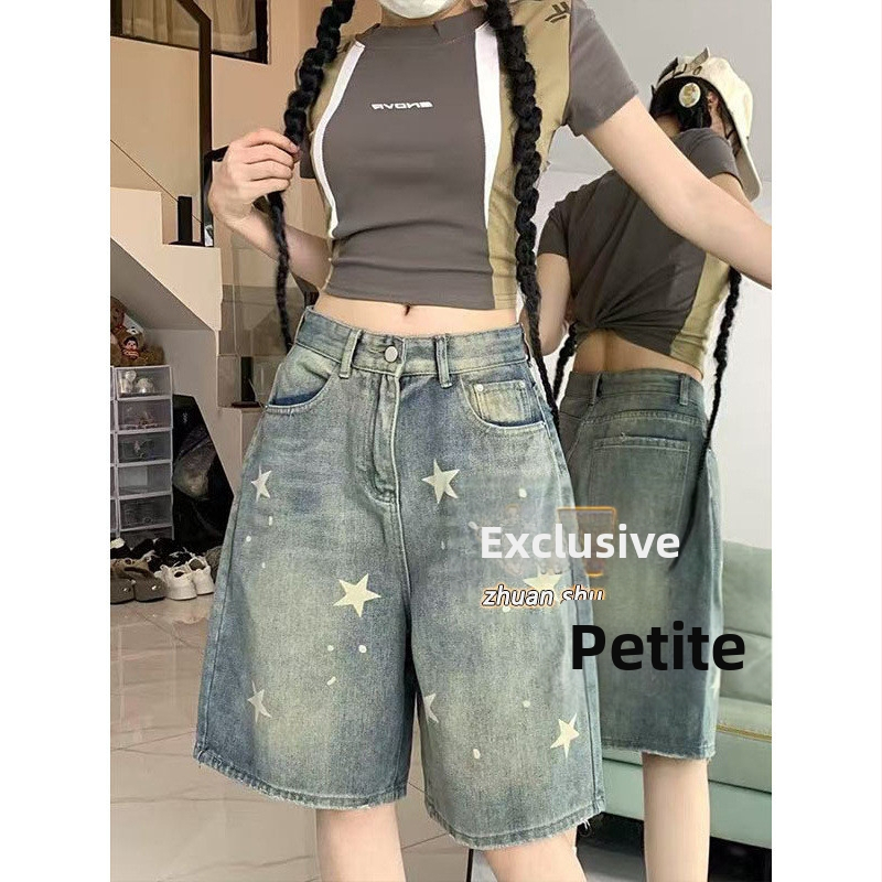 K6F Amerikai Retro Csillagmintás Laza, Karcsúsító, Magas Derekú, Egyenes Szájú, Stílusos Fazonú, Öt Pontos, Kisméretű Farmer Rövidnadrág