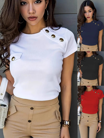 2025 tavaszi, nyári, őszi és téli új, határokon átnyúló európai és amerikai elegáns női ruházat, különleges gombos, tiszta színű, kerek nyakú, rövid ujjú, lezser felsők