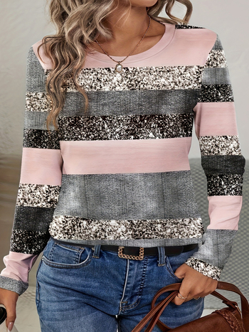 Európai és amerikai határokon átnyúló Amazon tavaszi, őszi és téli hosszú ujjú csíkos kerek nyakú nyomtatott alkalmi női póló új modell határokon átnyúló