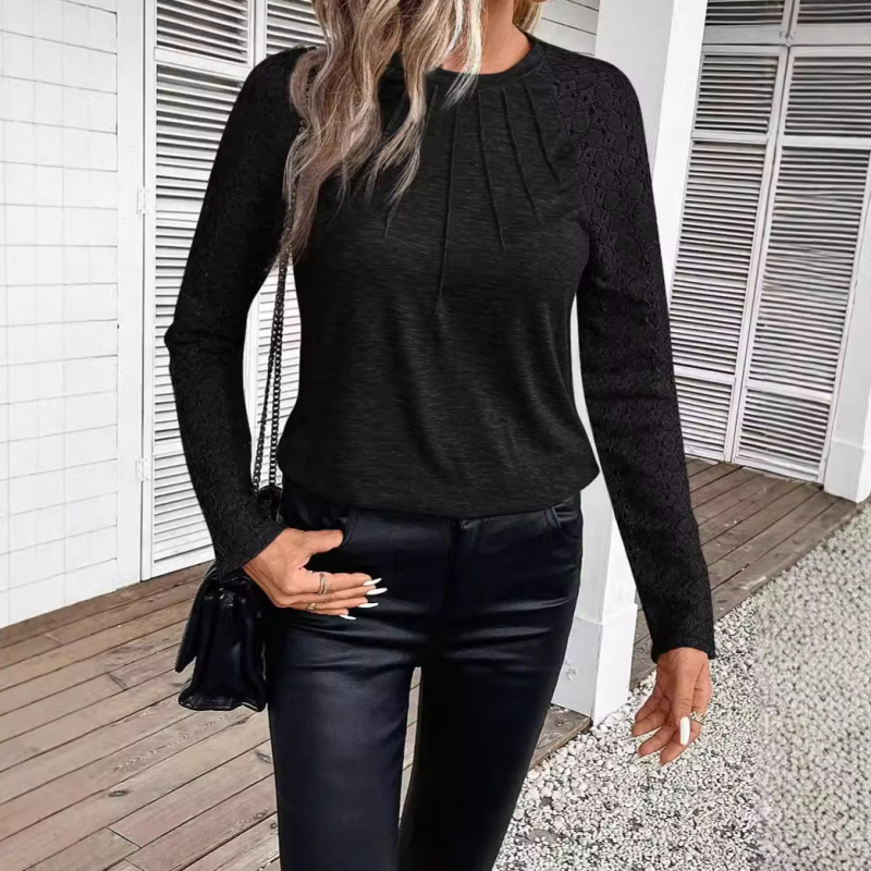Határokon átnyúló európai és amerikai női 2024 őszi divatos csipke hosszú ujjú felső kötött kerek nyakú női póló