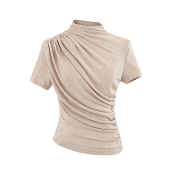 Dizainerio klostuotos apykaklės trumpomis rankovėmis moteriški marškinėliai, 2025 m. nauji amerikietiško stiliaus, ploni, elastingi, ploni, apatiniai marškinėliai.