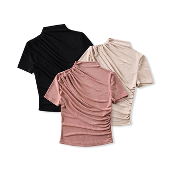 Dizainerio klostuotos apykaklės trumpomis rankovėmis moteriški marškinėliai, 2025 m. nauji amerikietiško stiliaus, ploni, elastingi, ploni, apatiniai marškinėliai.