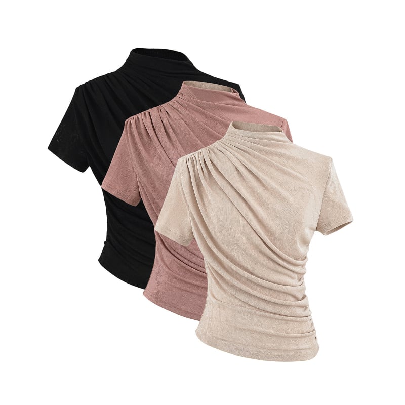 Dizainerio klostuotos apykaklės trumpomis rankovėmis moteriški marškinėliai, 2025 m. nauji amerikietiško stiliaus, ploni, elastingi, ploni, apatiniai marškinėliai.