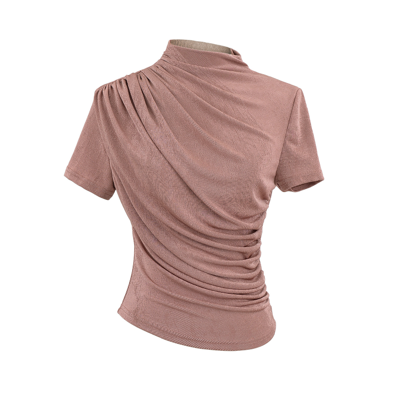 Dizainerio klostuotos apykaklės trumpomis rankovėmis moteriški marškinėliai, 2025 m. nauji amerikietiško stiliaus, ploni, elastingi, ploni, apatiniai marškinėliai.
