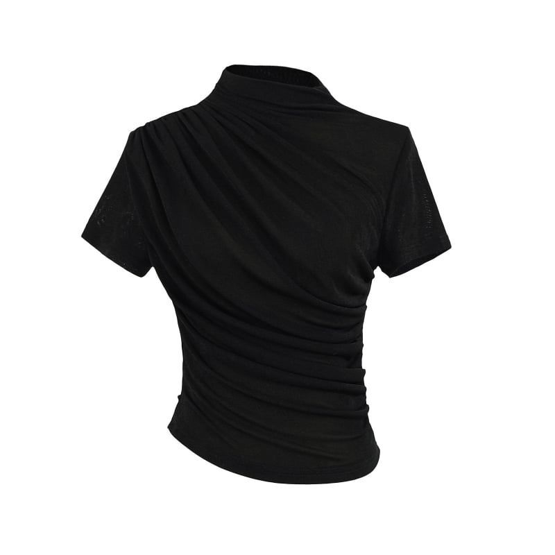 Dizainerio klostuotos apykaklės trumpomis rankovėmis moteriški marškinėliai, 2025 m. nauji amerikietiško stiliaus, ploni, elastingi, ploni, apatiniai marškinėliai.