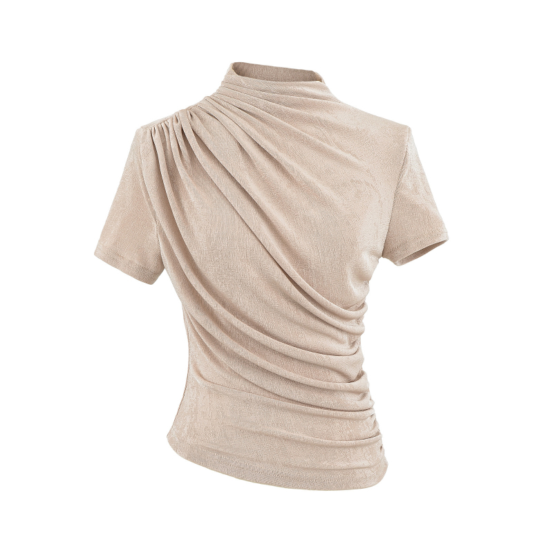 Dizainerio klostuotos apykaklės trumpomis rankovėmis moteriški marškinėliai, 2025 m. nauji amerikietiško stiliaus, ploni, elastingi, ploni, apatiniai marškinėliai.