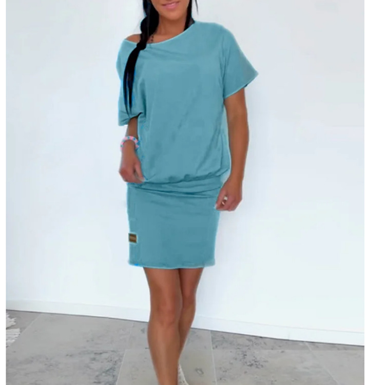 Amazon határokon átnyúló lezser európai és amerikai nyári öltöny, egyszínű, kerek nyakú, rövid ujjú ruha