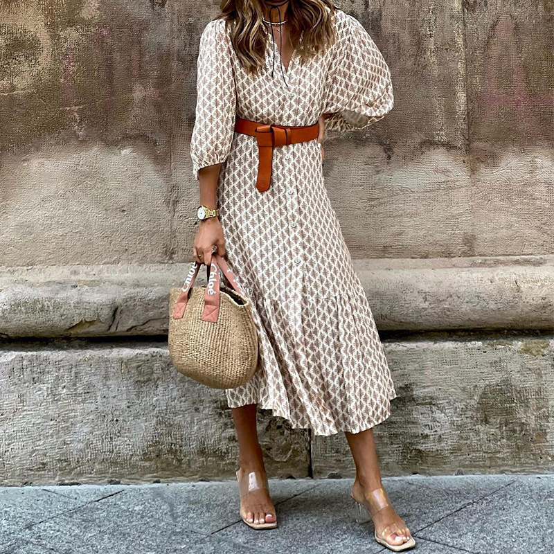 Fd1376 Spot 2025 őszi-téli új, határokon átnyúló divatos, övvel díszített, V-nyakú, egyszerű, elegáns hosszú ruha