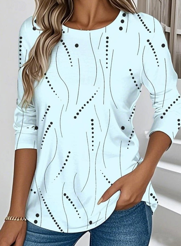 Amazon európai és amerikai női póló mintás geometrikus elegáns retró divatos hosszú ujjú kerek nyakú normál felső nyomtatott