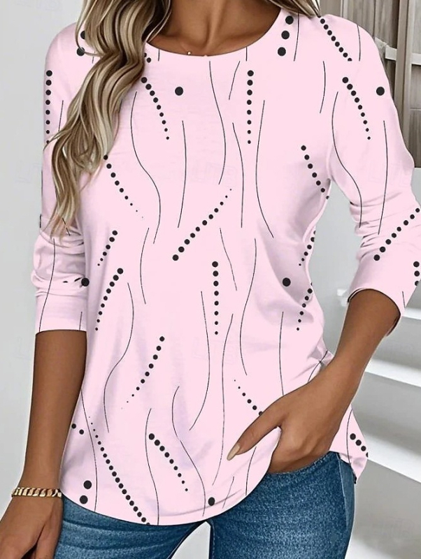 Amazon európai és amerikai női póló mintás geometrikus elegáns retró divatos hosszú ujjú kerek nyakú normál felső nyomtatott