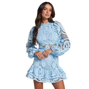 Φόρεμα με στενή μέση και μακριά μανίκια σε διασυνοριακό ευρωπαϊκό και αμερικανικό στυλ, φούστα με βολάν, κοίλο σχέδιο, υδατοδιαλυτό δαντελένιο φόρεμα