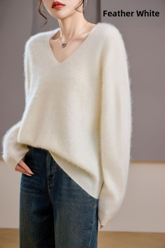 [Serie Fleece] Pulover din cașmir periat fără cusături, 5% cașmir, 95 lână, cu guler rotund/decolteu în V, 25 de ani nou