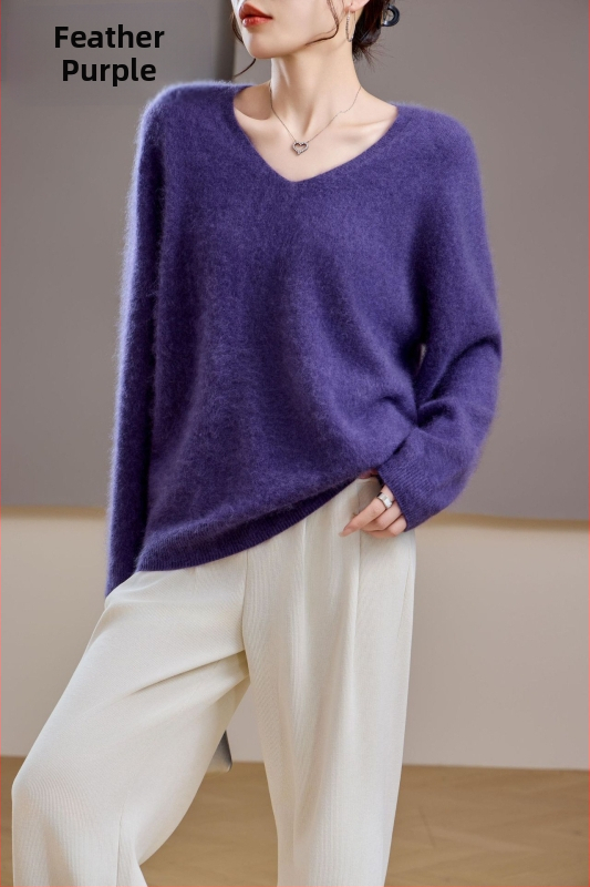 [Serie Fleece] Pulover din cașmir periat fără cusături, 5% cașmir, 95 lână, cu guler rotund/decolteu în V, 25 de ani nou